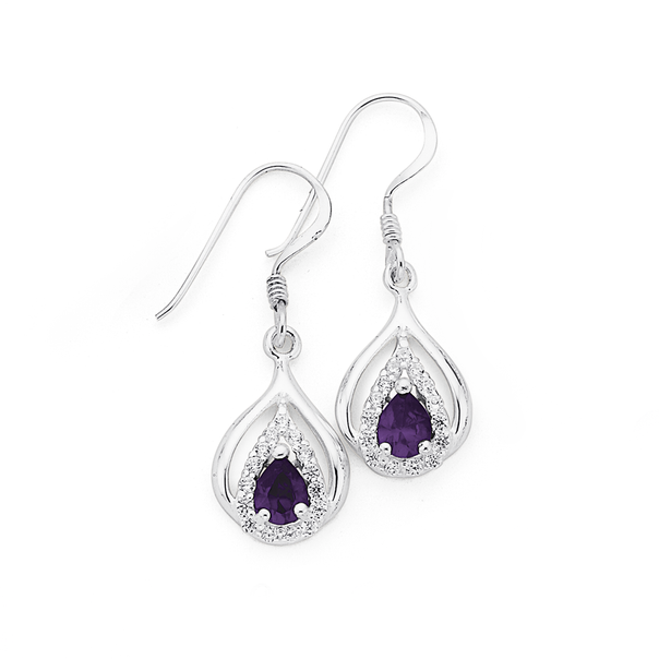 Silver Purple & White Cubic Zirconia Teardrop Earrings
