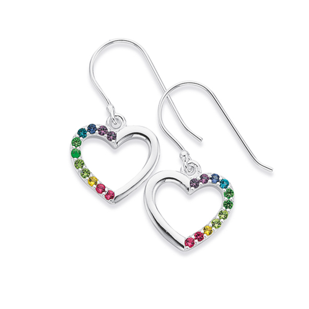 Silver Rainbow Crystal Pave Heart Earrings