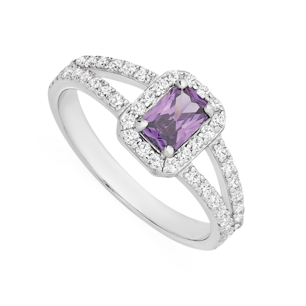 Silver Rectangle Violet Cz On Double Cz Band Ring in Purple Prouds