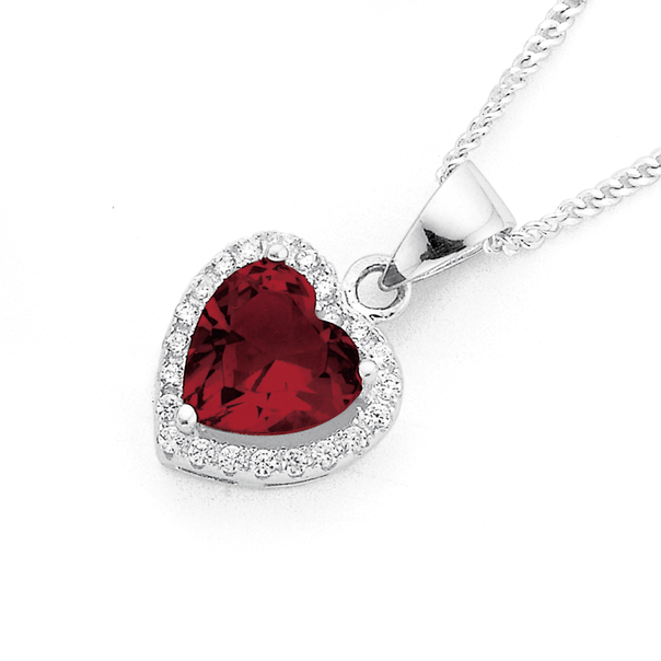 Silver Red Cubic Zirconia Cluster Heart Pendant