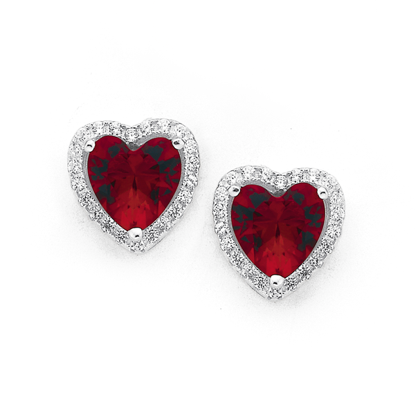 Silver Red Cubic Zirconia Heart Cluster Earrings