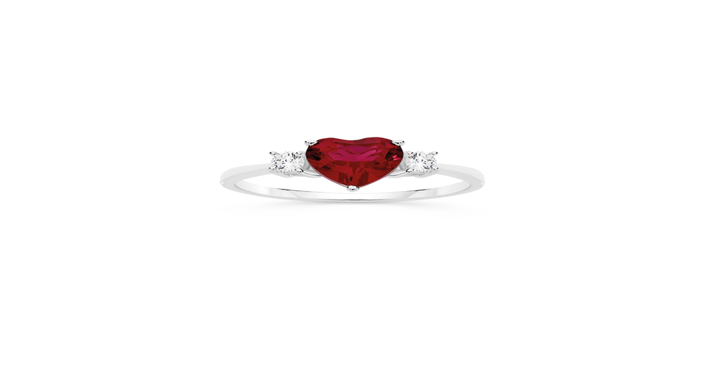 Silver Red Heart & Cz Trilogy Ring Size R in Red | Prouds