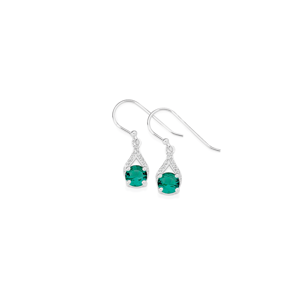 Silver Round Cz Open Pear Drop Hook Earrings in Green Prouds