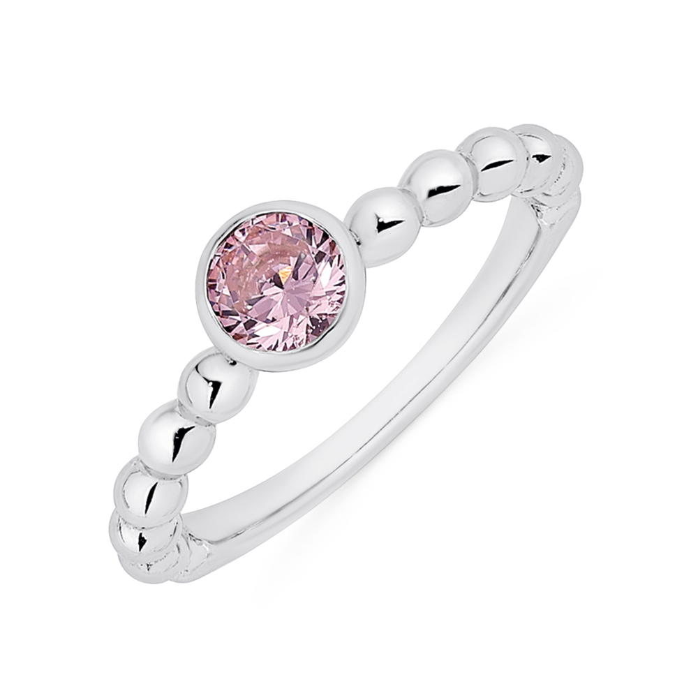Silver Round Pink Bezel Set Cubic Zirconia Friendship Ring in Pink