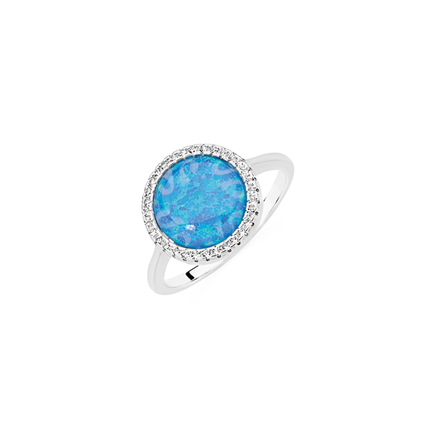 Silver Round Synthetic Opal And Cubic Zirconia Ring