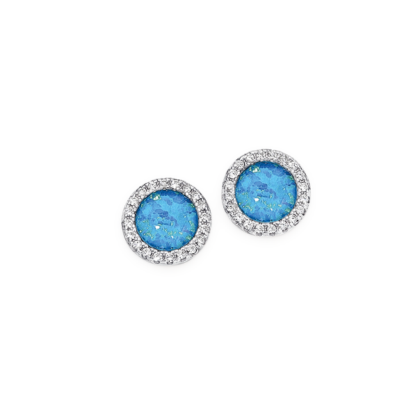 Silver Round Synthetic Opal & Cubic Zirconia Stud Earrings