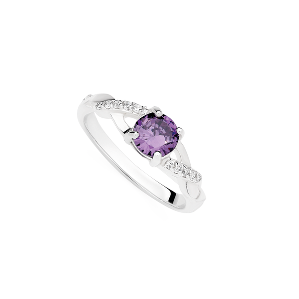 Silver Round Violet Cubic Zirconia Kiss Ring Size O