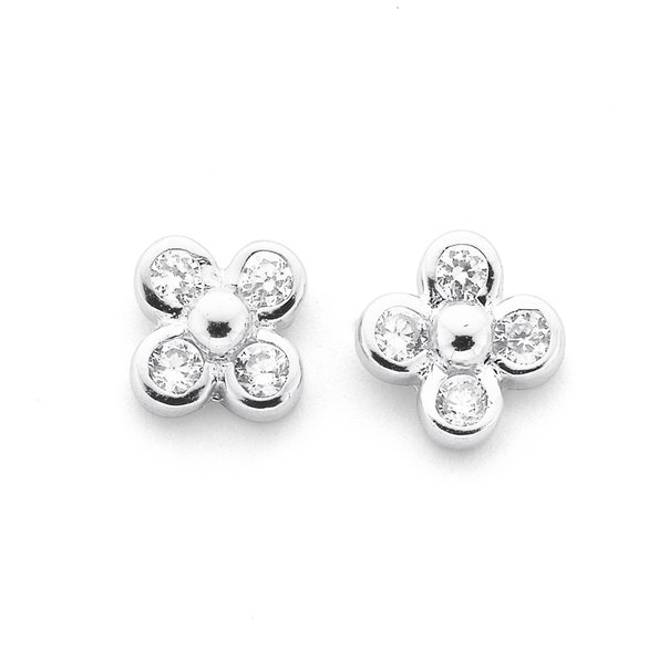 Silver Small Cubic Zirconia Flower Studs