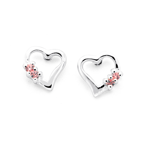 Silver Small Heart With Two Pink Cubic Zirconia Earrings