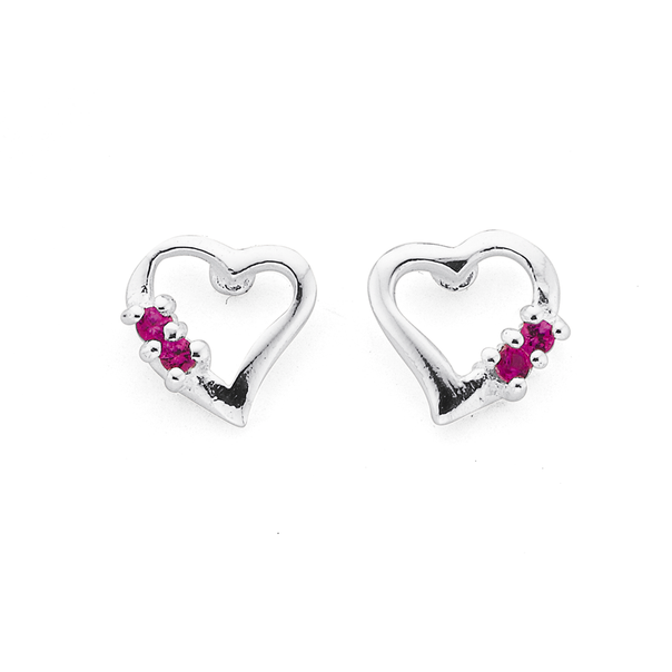 Silver Small Heart With Two Red Cubic Zirconia Earrings