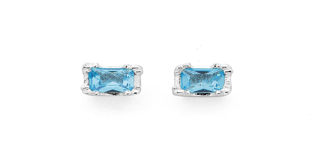 Silver Square Aqua Cubic Zirconia Stud Earrings in Blue | Prouds