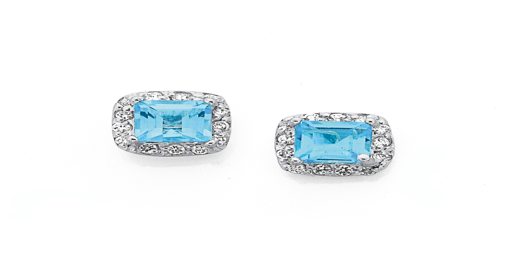 Silver Square Blue Topaz & Cz Cluster Earrings in Blue | Prouds