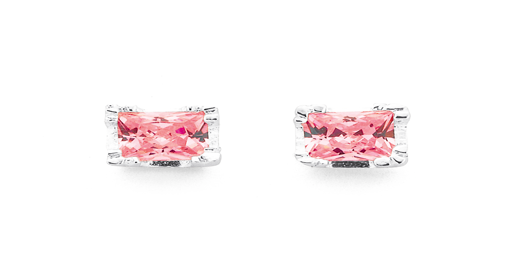 Silver Square Pink Cubic Zirconia Studs in Pink | Prouds