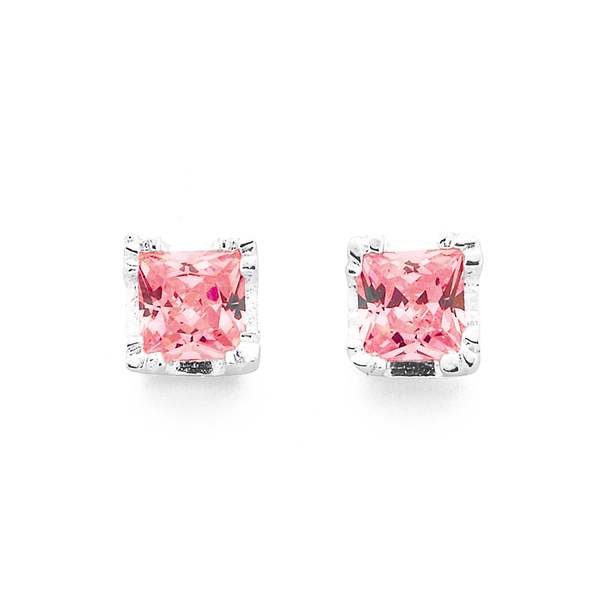 Silver Square Pink Cubic Zirconia Studs