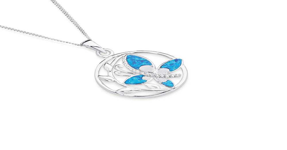 Silver Syn Opal & Cz Butterfly Pendant Prouds