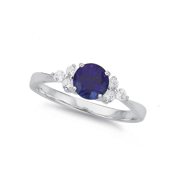 Silver Syn Sapphire and CZ Side Ring