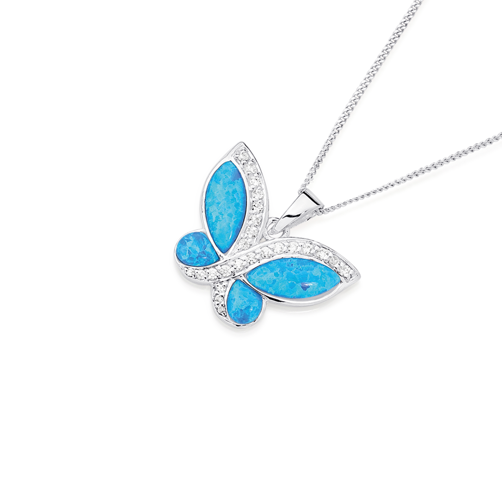 Blue Butterfly Opal Pendant Necklace 14K Gold Filled Chain | eBay