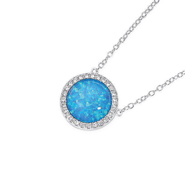 Silver Synthetic Opal & Cubic Zirconia Round Pendant