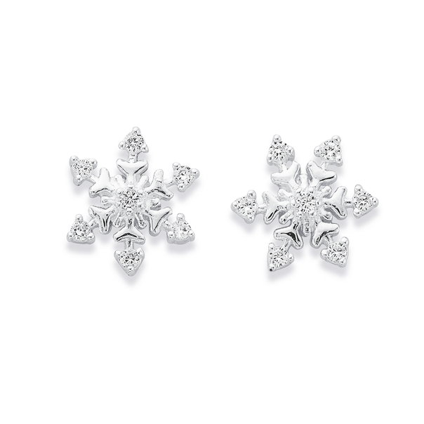 Silver Tiny Cubic Zirconia Snowflake Stud Earrings