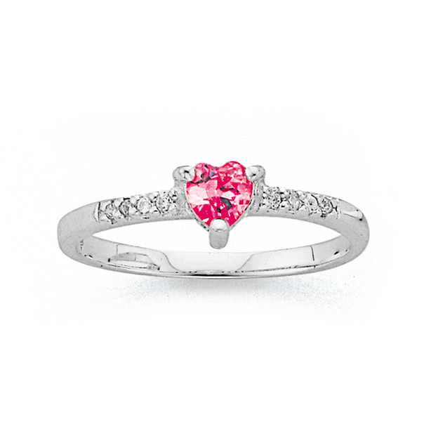 Silver Tween Pink Cubic Zirconia Heart Ring