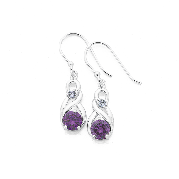 Silver Violet Cubic Zirconia Celtic Hoop Drop Earrings
