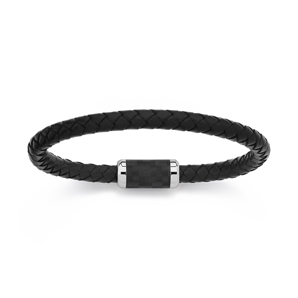 Stainless Steel 21.5cm Plait Leather with Black Clip Bracelet