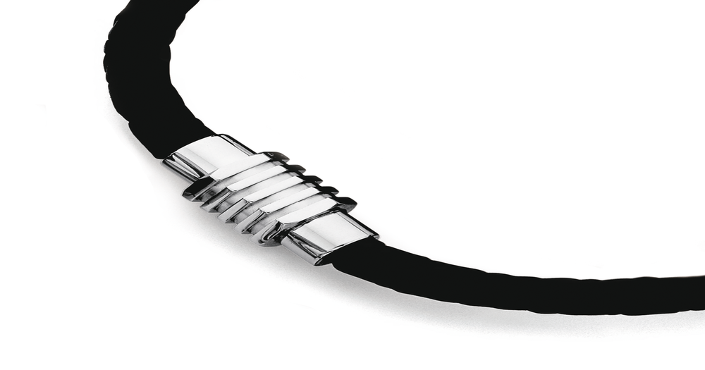 Stainless Steel Black Leather Bracelet Prouds