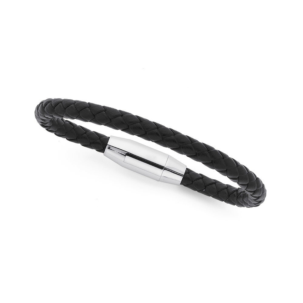 Stainless Steel Black Leather Plaited Bracelet in Black Prouds