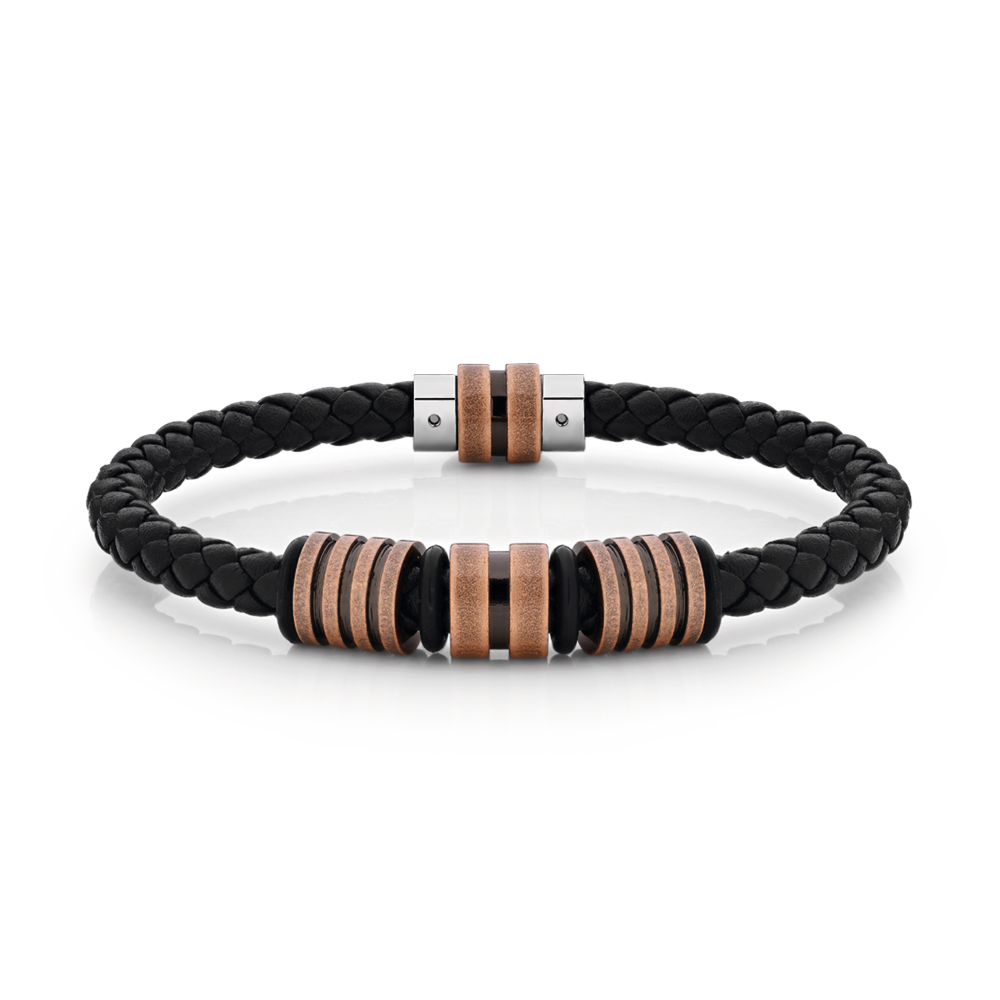 STEEL 20.5CM OXIDISED BRASS PLATE LEATHER BRACELET