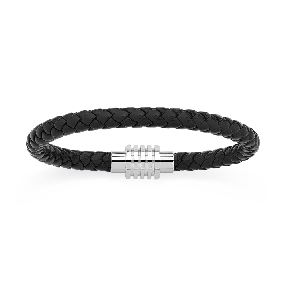 Steel 20cm Black Leather Bracelet