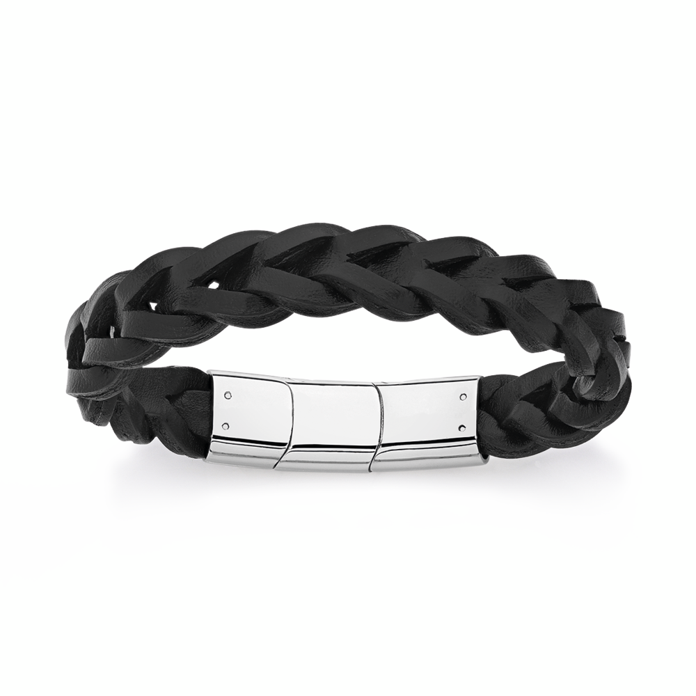 Steel 21.5cm Black Plait Leather Bracelet