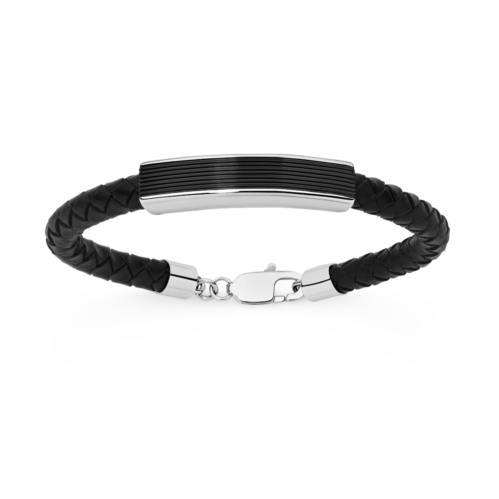 Steel 21cm Black Plated Centre ID Black Leather Bracelet