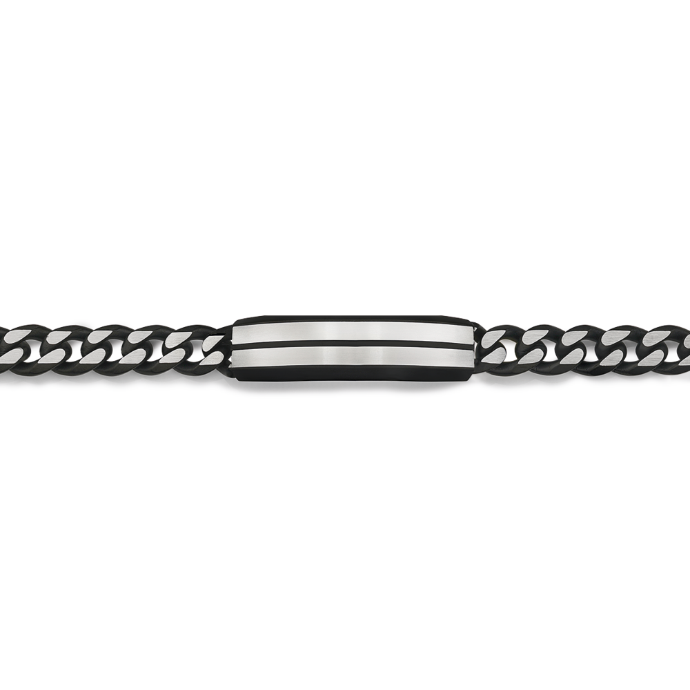 Steel 21cm Black Silver Brushed Curb Identity Bracelet Prouds
