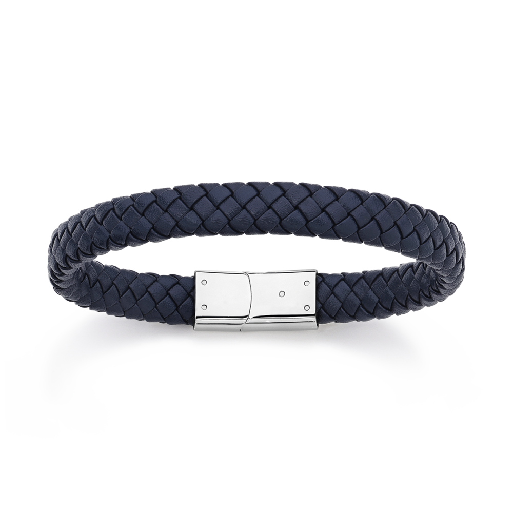 Steel 21cm Navy Blue Plait Leather Bracelet