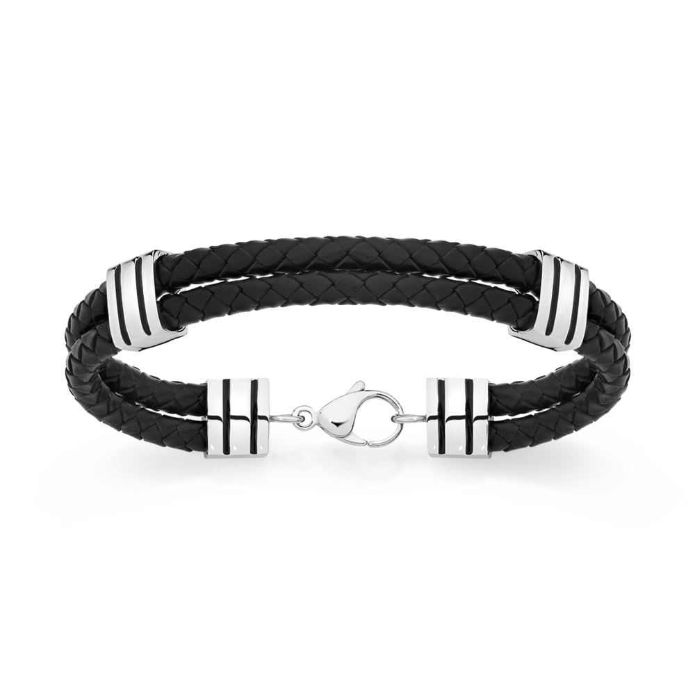 Steel 22cm Double Black Plait Leather Bracelet