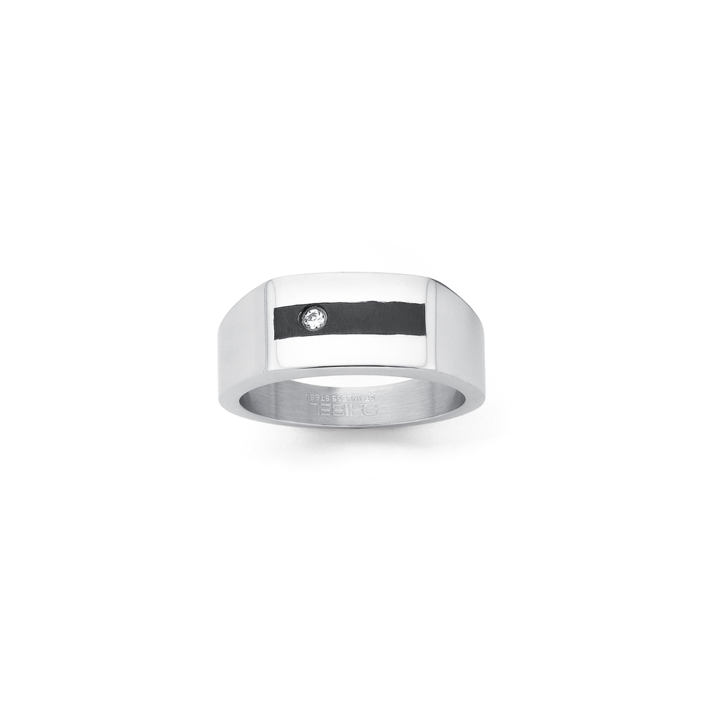 STEEL CUBIC ZIRCONIA BLACK LINE FLAT TOP RING