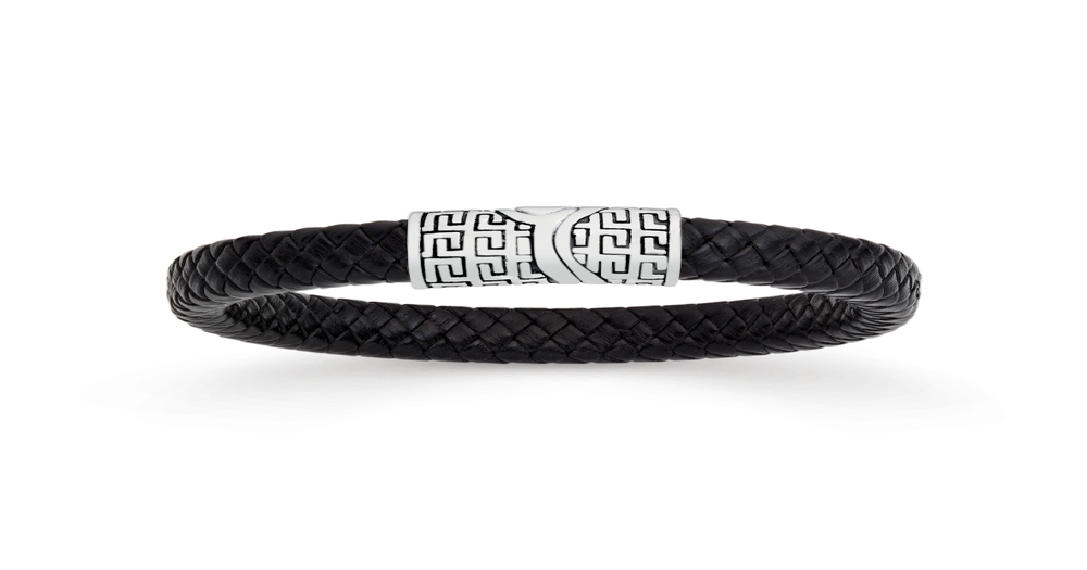 Steel Leather Greek Key Bracelet Prouds