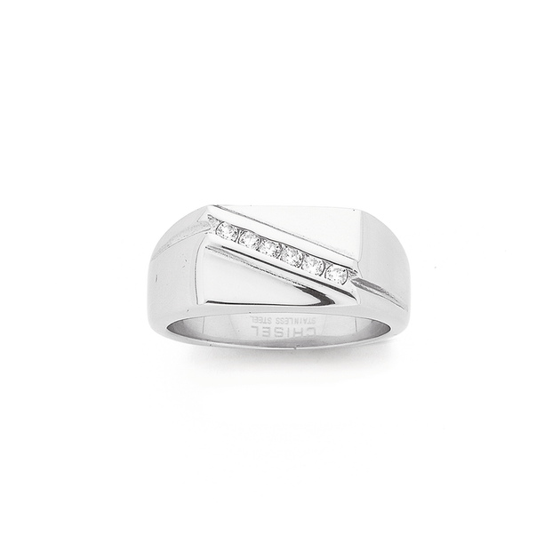 Rectangular Cz Rings Steel Rectangle Cubic Zirconia Diagonal Line Ring in Clear | Prouds