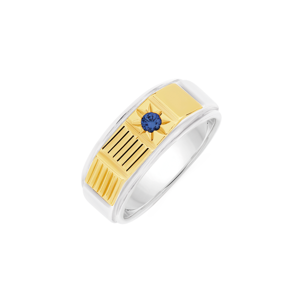 Sterling Silver 9ct Gold, Created Sapphire Gents Ring in Blue - Main Image