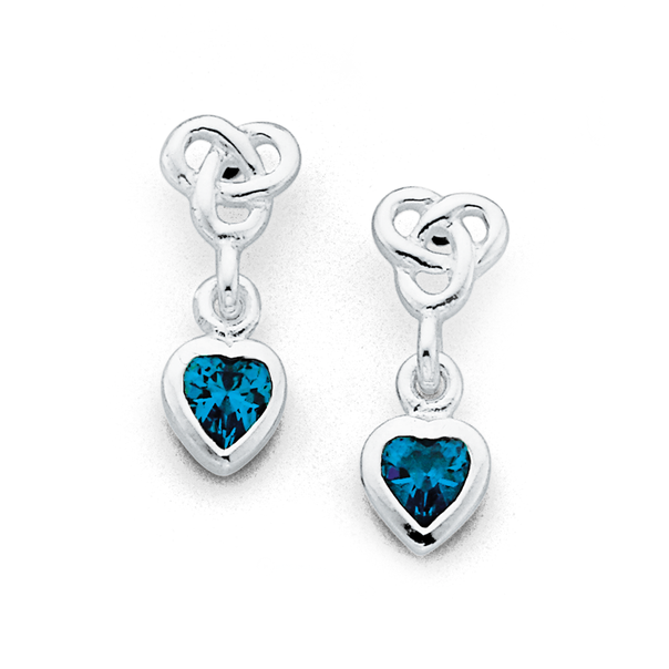 Sterling Silver Blue Cubic Zirconia Celtic Heart Earrings