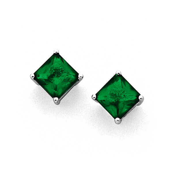 Sterling Silver Created Green Stone Stud Earrings