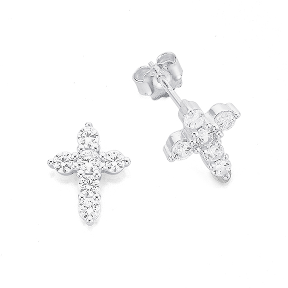 Sterling Silver Cubic Zirconia Cross Stud Earrings in White Prouds