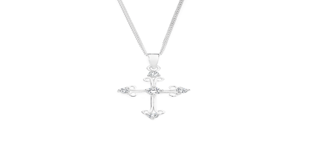 Sterling Silver Cubic Zirconia Curled End Cross Pendant in White Prouds