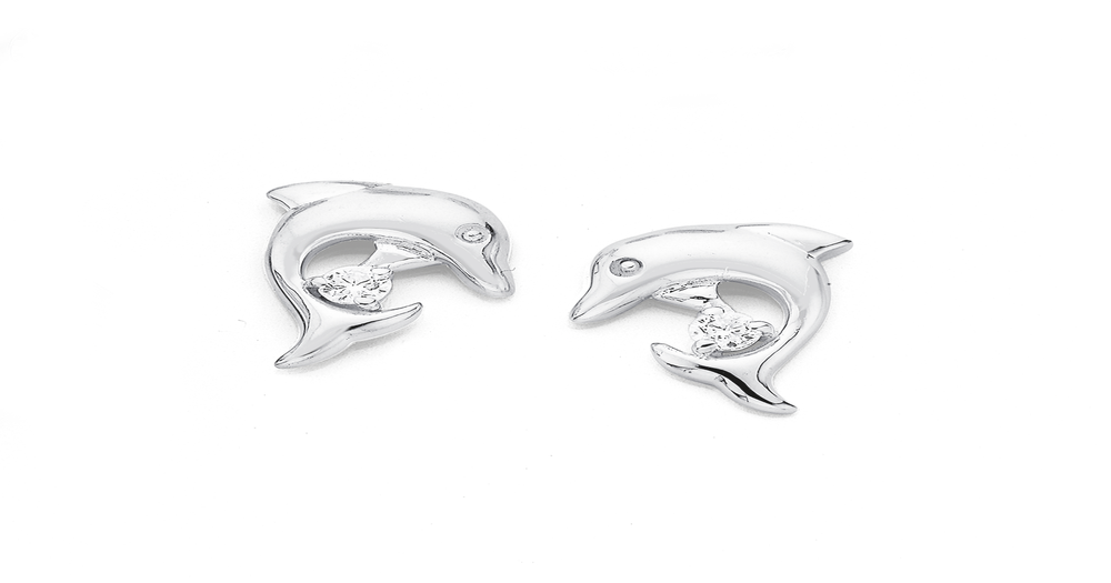 Sterling Silver Cubic Zirconia Dolphin Stud Earrings in White | Prouds