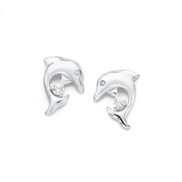 Sterling Silver Cubic Zirconia Dolphin Stud Earrings