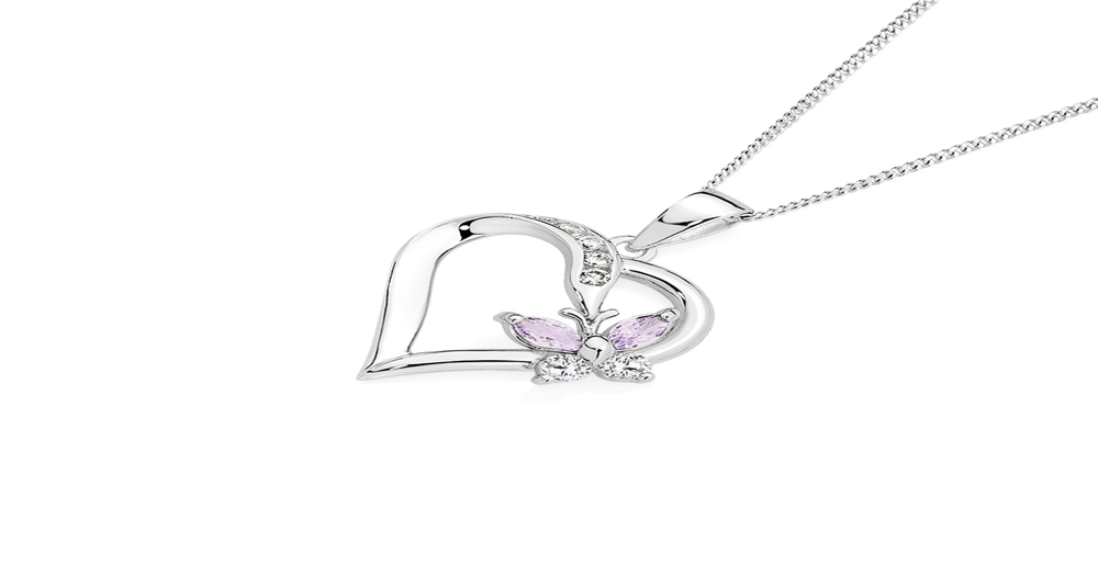 Sterling Silver Cubic Zirconia Heart Butterfly Pendant in Purple Prouds