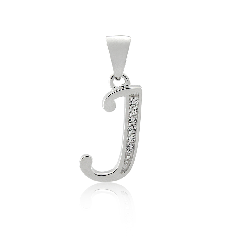 Sterling Silver Cubic Zirconia Initial J Letter Pendant in White | Prouds