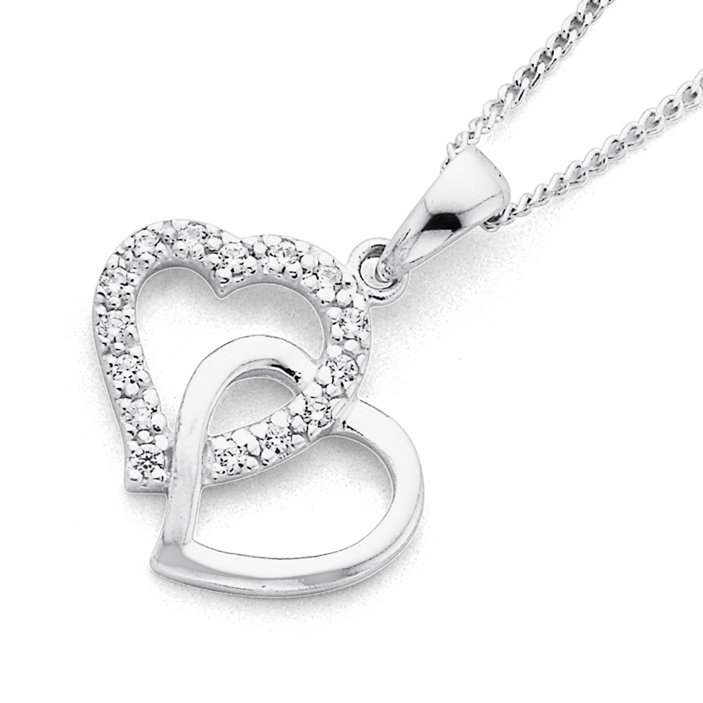 Sterling Silver Cubic Zirconia Interlocking Hearts Pendant in White Prouds
