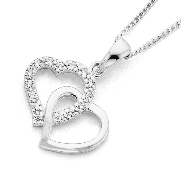 Sterling Silver Cubic Zirconia Interlocking Hearts Pendant
