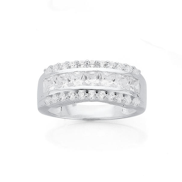 Sterling Silver Cubic Zirconia Triple Row Dress Ring